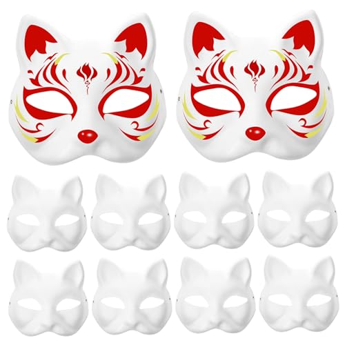 Therian Mask 10pcs Blank Cat Masken, Farbe Paper Fox Maske, DIY halb weiße Maskerade -Maske mit Elastizität Band für Halloween -Cosplay -Masken Kostümparty -Gefälligkeiten von Meyrwoy