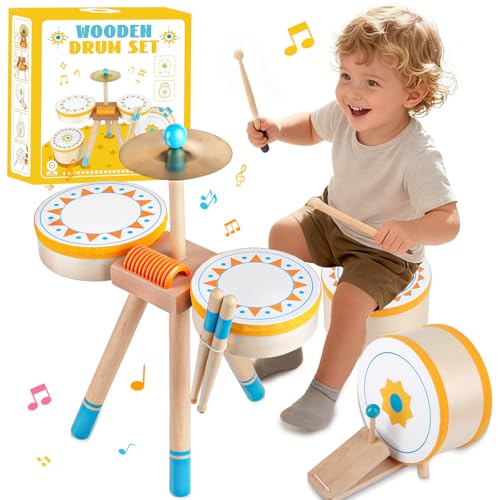 Babytrommel, Kleinkind-Schlagzeug, Kinder-Holz-Jazz-Schlagzeug für Kleinkinder Montessori-Musikinstrumente für Jungen und Mädchen, Baby-Musikspielzeug, Geburtstagsgeschenk für Kinder und Babys von Meytccve
