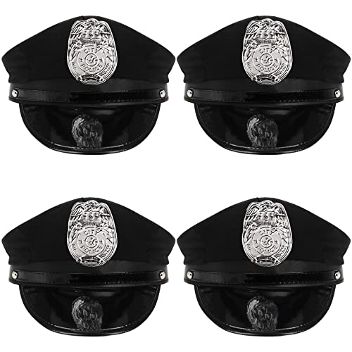Mezchi 4 Packungen schwarze Polizeimütze für Erwachsene, einzigartiger Polizistenhut für Bühnenauftritte und Cosplay-Party, lustiges Polizeihut-Kostüm für Partyzubehör, Polizei-Neuheit Spielzeug von Mezchi