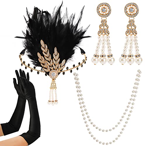Mezchi 6 Stück 1920er Gatsby Flapper Zubehör Set, 20er Jahre Party Kostüm Stirnband für Frauen, Feder Flapper Kopfschmuck, Perlenkette und Ohrringe, Handschuhe, Halter von Mezchi