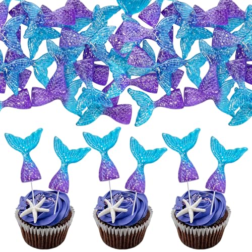 Mezrkuwr 24 Stück Meerjungfrauenschwänze Cupcake Topper, meerjungfrau tortendeko, Acryl Meerjungfrauenschwanz, für Party, Geburtstagsfeier, Babyparty, Partyzubehör von Mezrkuwr
