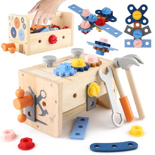 Mezzar Werkzeugkoffer Kinder Spielzeug Holzspielzeug, Set of 18 Werkbank Werkzeug Kinder, Montessori ab 2 3 4 5 6 7 Jahre, Hammerspiel Schrauben Kinderspielzeug, Lernspiele Geschenk Junge Mädchen von Mezzar