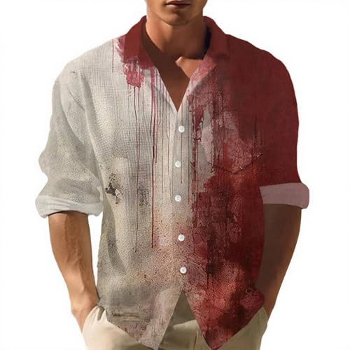 Halloween Hemd Herren Langarm 2025 Blutig Neueste Problem Gelöst Waffelhemd Mir Geht's Gut Kostüm Lustiges Printshirt Oversize Button Down Shirt mit Blut Tasche Gruseliges Fun Hemden für Horror Party von Mfhmom