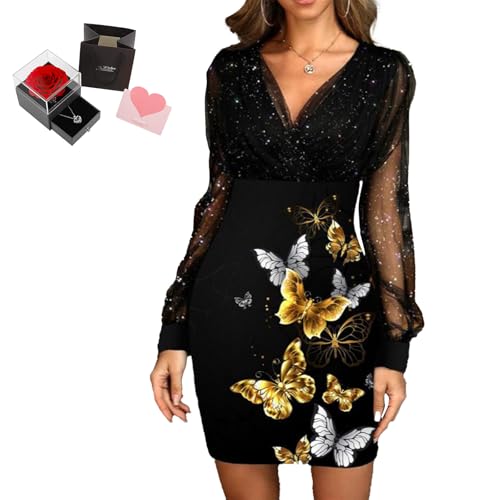 Mfhmom Glitzerkleid Damen + Rose Box Geburtstag V-Ausschnitt Chiffon Abendkleid und Ewige echte Rose herzförmige Halskette Schmuck Geschenkbox Set Abendkleid Valentinstag Hochzeitstag Geschenk Mfhmom Glitzerkleid Damen + Rose Box Geburtstag V-Ausschnitt Chiffon Abendkleid und Ewige echte Rose herzförmige Halskette Schmuck Geschenkbox Set Abendkleid Valentinstag Hochzeitstag Geschenk von Mfhmom
