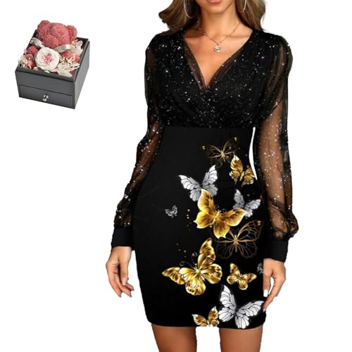 Mfhmom Glitzerkleid Damen + Rose Box Geburtstag V-Ausschnitt Chiffon Abendkleid und Ewige echte Rose herzförmige Halskette Schmuck Geschenkbox Set Abendkleid Valentinstag Hochzeitstag Geschenk Mfhmom Glitzerkleid Damen + Rose Box Geburtstag V-Ausschnitt Chiffon Abendkleid und Ewige echte Rose herzförmige Halskette Schmuck Geschenkbox Set Abendkleid Valentinstag Hochzeitstag Geschenk von Mfhmom