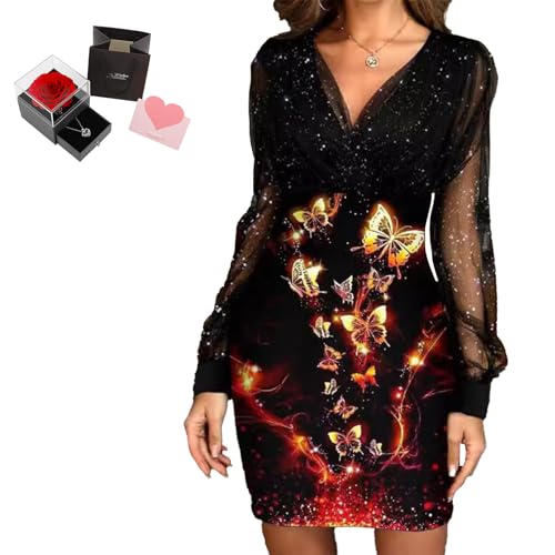 Mfhmom Glitzerkleid Damen + Rose Box Geburtstag V-Ausschnitt Chiffon Abendkleid und Ewige echte Rose herzförmige Halskette Schmuck Geschenkbox Set Abendkleid Valentinstag Hochzeitstag Geschenk Mfhmom Glitzerkleid Damen + Rose Box Geburtstag V-Ausschnitt Chiffon Abendkleid und Ewige echte Rose herzförmige Halskette Schmuck Geschenkbox Set Abendkleid Valentinstag Hochzeitstag Geschenk von Mfhmom