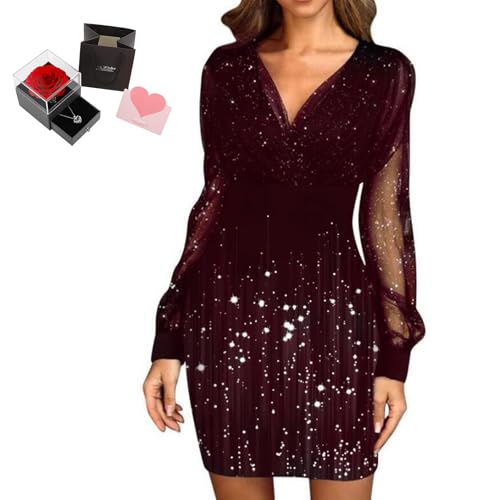 Mfhmom Glitzerkleid Damen + Rose Box Geburtstag V-Ausschnitt Chiffon Abendkleid und Ewige echte Rose herzförmige Halskette Schmuck Geschenkbox Set Abendkleid Valentinstag Hochzeitstag Geschenk Mfhmom Glitzerkleid Damen + Rose Box Geburtstag V-Ausschnitt Chiffon Abendkleid und Ewige echte Rose herzförmige Halskette Schmuck Geschenkbox Set Abendkleid Valentinstag Hochzeitstag Geschenk von Mfhmom