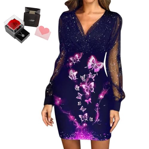 Mfhmom Glitzerkleid Damen + Rose Box Geburtstag V-Ausschnitt Chiffon Abendkleid und Ewige echte Rose herzförmige Halskette Schmuck Geschenkbox Set Abendkleid Valentinstag Hochzeitstag Geschenk Mfhmom Glitzerkleid Damen + Rose Box Geburtstag V-Ausschnitt Chiffon Abendkleid und Ewige echte Rose herzförmige Halskette Schmuck Geschenkbox Set Abendkleid Valentinstag Hochzeitstag Geschenk von Mfhmom