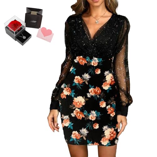 Mfhmom Glitzerkleid Damen + Rose Box Geburtstag V-Ausschnitt Chiffon Abendkleid und Ewige echte Rose herzförmige Halskette Schmuck Geschenkbox Set Abendkleid Valentinstag Hochzeitstag Geschenk Mfhmom Glitzerkleid Damen + Rose Box Geburtstag V-Ausschnitt Chiffon Abendkleid und Ewige echte Rose herzförmige Halskette Schmuck Geschenkbox Set Abendkleid Valentinstag Hochzeitstag Geschenk von Mfhmom