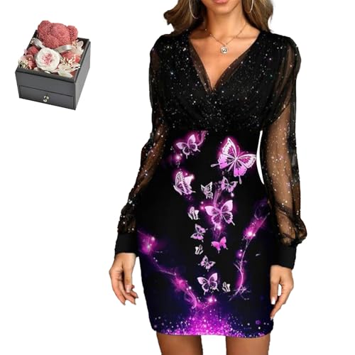 Mfhmom Glitzerkleid Damen + Rose Box Geburtstag V-Ausschnitt Chiffon Abendkleid und Ewige echte Rose herzförmige Halskette Schmuck Geschenkbox Set Abendkleid Valentinstag Hochzeitstag Geschenk Mfhmom Glitzerkleid Damen + Rose Box Geburtstag V-Ausschnitt Chiffon Abendkleid und Ewige echte Rose herzförmige Halskette Schmuck Geschenkbox Set Abendkleid Valentinstag Hochzeitstag Geschenk von Mfhmom