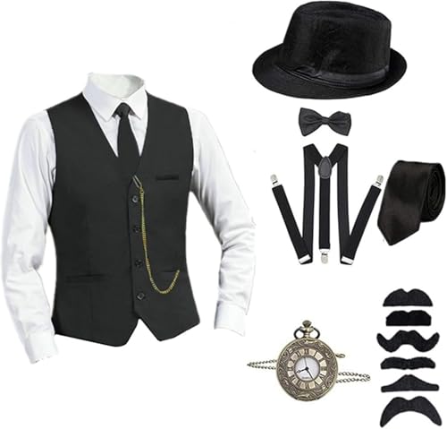 Mfhmom Herren Accessoires 20er Jahre Kostüm 1920er Mafia Kostüm Stilvolle Set Taschenuhr Weste Krawatte Fliege Hosenträger und Bärte für Karneval Mottopartys Partys Fasching Kostümveranstaltungen Mfhmom Herren Accessoires 20er Jahre Kostüm 1920er Mafia Kostüm Stilvolle Set Taschenuhr Weste Krawatte Fliege Hosenträger und Bärte für Karneval Mottopartys Partys Fasching Kostümveranstaltungen von Mfhmom