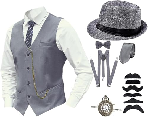 Mfhmom Herren Accessoires 20er Jahre Kostüm 1920er Mafia Kostüm Stilvolle Set Taschenuhr Weste Krawatte Fliege Hosenträger und Bärte für Karneval Mottopartys Partys Fasching Kostümveranstaltungen Mfhmom Herren Accessoires 20er Jahre Kostüm 1920er Mafia Kostüm Stilvolle Set Taschenuhr Weste Krawatte Fliege Hosenträger und Bärte für Karneval Mottopartys Partys Fasching Kostümveranstaltungen von Mfhmom