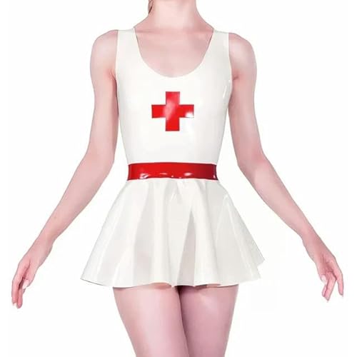 MiZuh Weiße und rote Sexy Latex-Plisseekleid-Uniform mit Kreuzgürtelbesätzen, Dekorationen, Gummihosen, Playsuits-Weiß-M von MiZuh