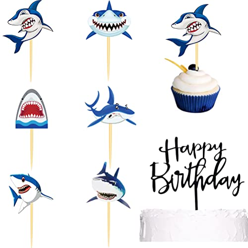 MiaLover 25 Stücke Shark Kuchen Topper Hai Cake Cupcake Picks Meerestier Tortenstecker Tiere Happy Birthday Tortendeko für Kinder Jungen Party Geburtstag Deko Muffin Backen Kuchenaufsätze von MiaLover