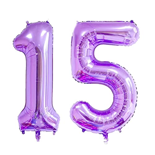 MiaLover 40 Zoll Zahl 15. Geburtstag deko Zahlen Ballon 15 Heliumballon 15 Geburtstagsdeko Riesen Aufblasbar Helium Folienballon Luftballons für Männer Frauen Happy Birthday Deko Luftballon(Lila) von MiaLover