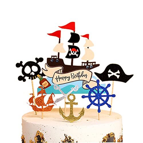 MiaLover 7 Stück Pirate Tortenstecker Piraten Kuchendeckel Happy Birthday Cake Toppers Set Piraten Kuchen Topper Cupcake für Kinder Mädchen Junge Halloween Party Muffin Deko von MiaLover