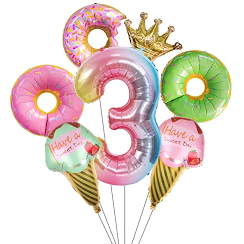 MiaLover Donut Geburtstag Dekoration Kit Donutfolie Ballons - 2x Eiscreme Folienballons +Zahl 3 Kronen-Zahlenballon+3x Donuts Aluminiumballons Kinder 3. Geburtstag Party Dekoration für Junge Mädchen von MiaLover