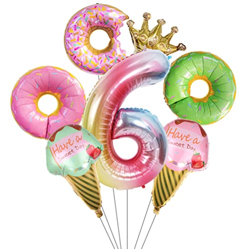 MiaLover Donut Geburtstag Dekoration Kit Donutfolie Ballons - 2x Eiscreme Folienballons +Zahl 6 Kronen-Zahlenballon+3x Donuts Aluminiumballons Kinder 6. Geburtstag Party Dekoration für Junge Mädchen von MiaLover