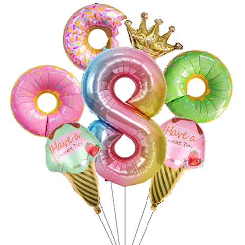 MiaLover Donut Geburtstag Dekoration Kit Donutfolie Ballons - 2x Eiscreme Folienballons +Zahl 8 Kronen-Zahlenballon+3x Donuts Aluminiumballons Kinder 8. Geburtstag Party Dekoration für Junge Mädchen von MiaLover