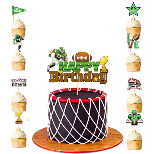 MiaLover Rugby Tortendekoration - 1 Großer Happy Birthday Cake Topper und 24 Stück Themen Kuchendeckel Cupcake für Kinder Mädchen Junge Party Muffin Deko von MiaLover