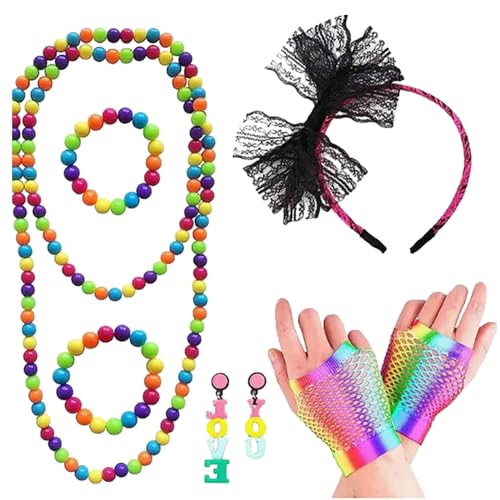 Miaelle 80er Jahre Kostümzubehör Spitzen Stirnband Bunte Ohrringe Netzhandschuhe Halskette Armband Verkleidung Für Mottopartys 80er Jahre Outfit Kostümzubehör Set Für Damen Netzhandschuhe Halskette von Miaelle