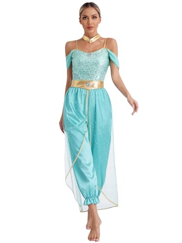 Miaeowve Arabische Prinzessin Kostüm Damen Bauchtanz Outfit Pailletten Glitzer Overall Tüll Schicht Jumpsuit Tanzanzug Für Fasching Karneval Türkis 3XL von Miaeowve