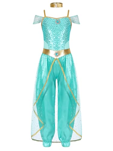 Miaeowve Bauchtanz Kostüm Kinder Mädchen Arabische Prinzessin Kostüm Pailletten Glitzer Overall Tüll Schicht Jumpsuit Für Fasching Karneval Mottoparty Hellgrün 170 von Miaeowve