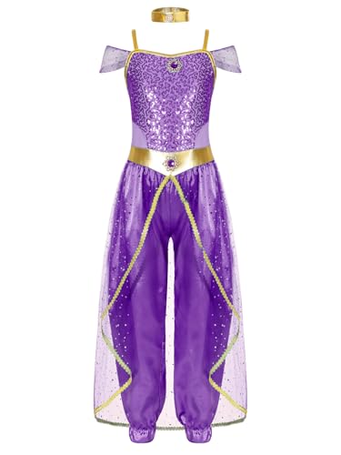 Miaeowve Bauchtanz Kostüm Kinder Mädchen Arabische Prinzessin Kostüm Pailletten Glitzer Overall Tüll Schicht Jumpsuit Für Fasching Karneval Mottoparty Violett 170 von Miaeowve