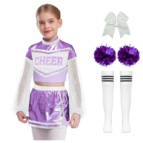 Miaeowve Cheer Leader Outfit Kinder Bauchfrei Mädchen Langarm Glitzer Tanz Tshirt Mit Rock Stirnband Pompons Strümpfe Tanzkleidung Für Fasching Karneval Hellviolett 146-152 von Miaeowve