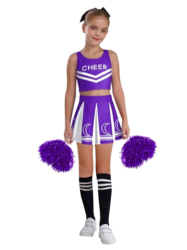 Miaeowve Cheer Leader Outfits Kinder Mädchen Cheerleading Kostüm Ärmellos Tanz Shirt Bauchfrei Oberteil Mit Pompons Mini Faltenrock Strümpfe Dancewear Violett 122-128 Miaeowve Cheer Leader Outfits Kinder Mädchen Cheerleading Kostüm Ärmellos Tanz Shirt Bauchfrei Oberteil Mit Pompons Mini Faltenrock Strümpfe Dancewear Violett 122-128 von Miaeowve