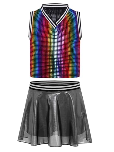 Miaeowve Cheer Leader Uniform Kinder Mädchen Pailletten Tanzkleid Ärmellos Crop Top A Linien Faltenrock Mit Innenshorts Wettbewerb Tanzkleidung Bunt 146-152 von Miaeowve