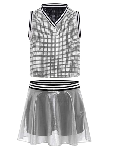 Miaeowve Cheer Leader Uniform Kinder Mädchen Pailletten Tanzkleid Ärmellos Crop Top A Linien Faltenrock Mit Innenshorts Wettbewerb Tanzkleidung Silber 134-140 von Miaeowve