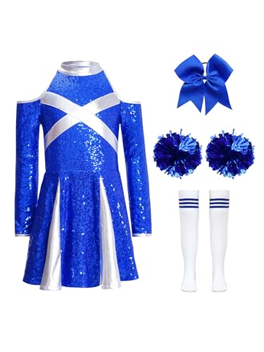 Miaeowve Cheerleadering Outfit Mädchen Cheer Leader Kostüm Kinder Pailletten Kleid Langarm Sportkleid Mit Haarband Strümpfe Pompons 4tlg Dancewear C Blau 110-116 von Miaeowve