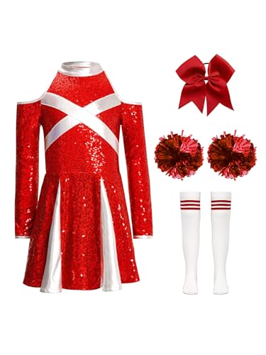 Miaeowve Cheerleadering Outfit Mädchen Cheer Leader Kostüm Kinder Pailletten Kleid Langarm Sportkleid Mit Haarband Strümpfe Pompons 4tlg Dancewear C Rot 146-152 von Miaeowve