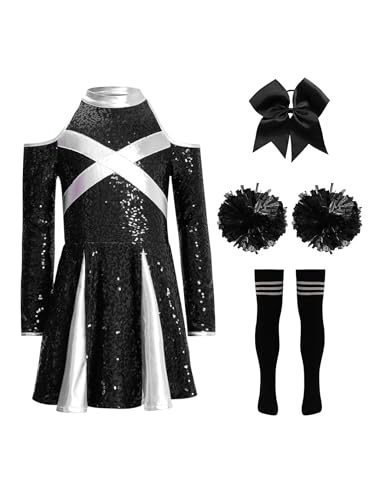 Miaeowve Cheerleadering Outfit Mädchen Cheer Leader Kostüm Kinder Pailletten Kleid Langarm Sportkleid Mit Haarband Strümpfe Pompons 4tlg Dancewear C Schwarz 134-140 von Miaeowve