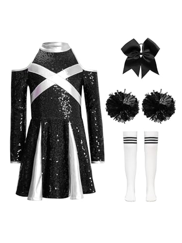 Miaeowve Cheerleadering Outfit Mädchen Cheer Leader Kostüm Kinder Pailletten Kleid Langarm Sportkleid Mit Haarband Strümpfe Pompons 4tlg Dancewear C Schwarz Weiß 122-128 von Miaeowve