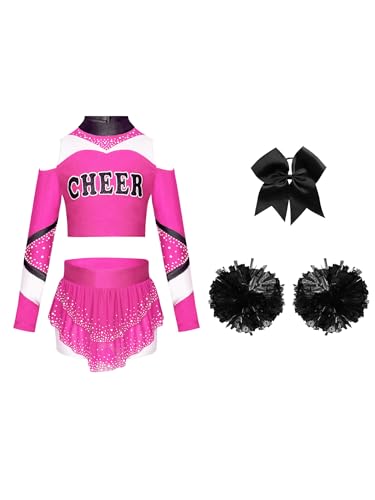 Miaeowve Cheerleadering Outfit Mädchen Tanzkostüm Langarm Shirt Kurz Top Mit Strass Faltenrock Schleife Stirnband Pompons Faschingskostüm Hot Pink & Schwarz 110-116 von Miaeowve