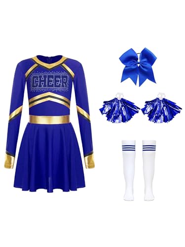 Miaeowve Cheerleading Kostüm Mädchen Langarm Kleid Strass Glitzer Tanzkleid Mit Stirnband Pompons Strümpfe 4tlg Tanzkleidung Set Für Fasching Karneval Blau 122-128 von Miaeowve