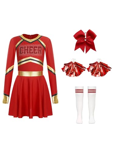 Miaeowve Cheerleading Kostüm Mädchen Langarm Kleid Strass Glitzer Tanzkleid Mit Stirnband Pompons Strümpfe 4tlg Tanzkleidung Set Für Fasching Karneval Rot 134-140 von Miaeowve