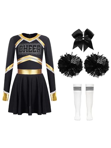 Miaeowve Cheerleading Kostüm Mädchen Langarm Kleid Strass Glitzer Tanzkleid Mit Stirnband Pompons Strümpfe 4tlg Tanzkleidung Set Für Fasching Karneval Weiß schwarz 122-128 von Miaeowve