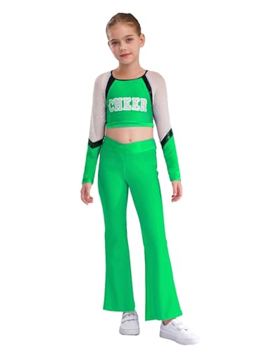 Miaeowve Cheerleading Kostüm Mädchen Langarm Tanz Top Bauchfrei Oberteil High Waist Tanzhose Schlaghose Weites Bein Dancewear Grün 146-152 Miaeowve Cheerleading Kostüm Mädchen Langarm Tanz Top Bauchfrei Oberteil High Waist Tanzhose Schlaghose Weites Bein Dancewear Grün 146-152 von Miaeowve