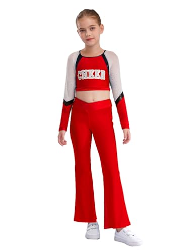 Miaeowve Cheerleading Kostüm Mädchen Langarm Tanz Top Bauchfrei Oberteil High Waist Tanzhose Schlaghose Weites Bein Dancewear Rot 146-152 Miaeowve Cheerleading Kostüm Mädchen Langarm Tanz Top Bauchfrei Oberteil High Waist Tanzhose Schlaghose Weites Bein Dancewear Rot 146-152 von Miaeowve