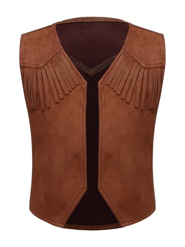 Miaeowve Cowboy Cowgirl Kostüm Kinder Jungen Mädchen Fransenweste Ärmellos Wildlederjacke Quasten Westernjacke Vorne Offen Faschingkostüm Braun 170-176 von Miaeowve