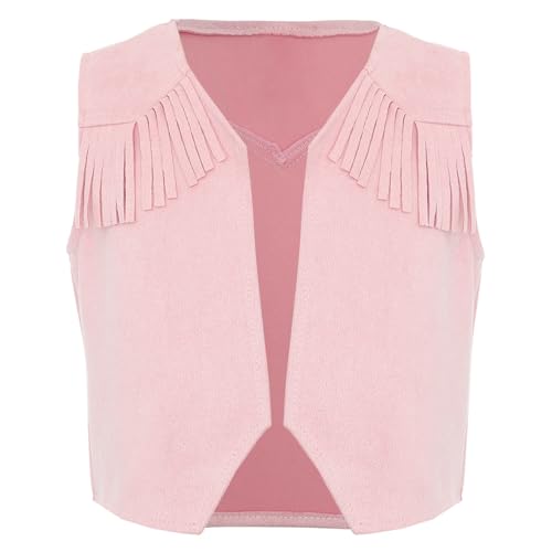 Miaeowve Cowboy Cowgirl Kostüm Kinder Jungen Mädchen Fransenweste Ärmellos Wildlederjacke Quasten Westernjacke Vorne Offen Faschingkostüm Rosa 146-152 von Miaeowve