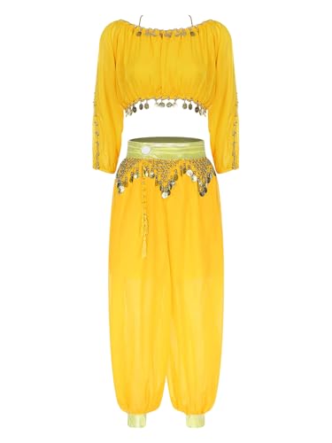 Miaeowve Damen Bauchtanz Kostüm Pailletten Tanz Top Damen Bauchfrei Oberteil Metallkette Tanzhose Haremshose Locker Slim Fit Tanzkostüm Gelb Einheitsgröße von Miaeowve