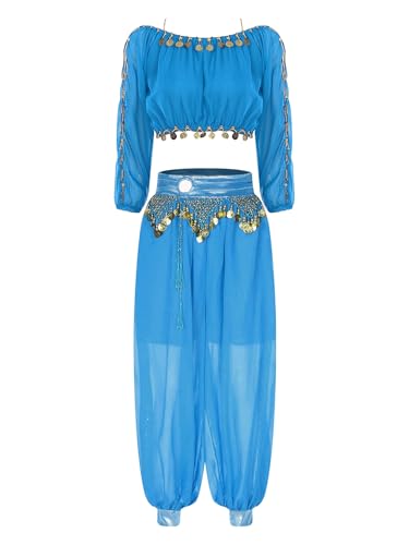 Miaeowve Damen Bauchtanz Kostüm Pailletten Tanz Top Damen Bauchfrei Oberteil Metallkette Tanzhose Haremshose Locker Slim Fit Tanzkostüm Hellblau Einheitsgröße von Miaeowve