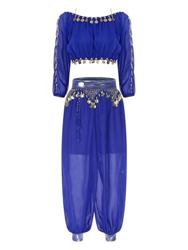Miaeowve Damen Bauchtanz Kostüm Pailletten Tanz Top Damen Bauchfrei Oberteil Metallkette Tanzhose Haremshose Locker Slim Fit Tanzkostüm Königsblau Einheitsgröße von Miaeowve