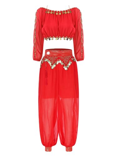 Miaeowve Damen Bauchtanz Kostüm Pailletten Tanz Top Damen Bauchfrei Oberteil Metallkette Tanzhose Haremshose Locker Slim Fit Tanzkostüm Rot Einheitsgröße von Miaeowve