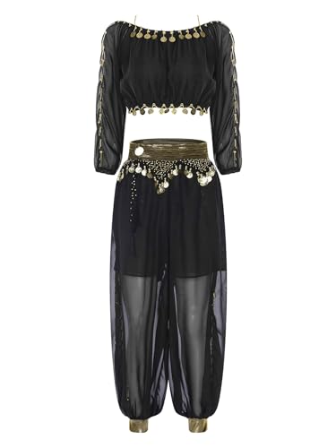 Miaeowve Damen Bauchtanz Kostüm Pailletten Tanz Top Damen Bauchfrei Oberteil Metallkette Tanzhose Haremshose Locker Slim Fit Tanzkostüm Schwarz Einheitsgröße Miaeowve Damen Bauchtanz Kostüm Pailletten Tanz Top Damen Bauchfrei Oberteil Metallkette Tanzhose Haremshose Locker Slim Fit Tanzkostüm Schwarz Einheitsgröße von Miaeowve