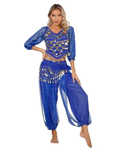 Miaeowve Damen Bauchtanz Outfit Showtanz Tanzkostüme Pailletten Top Bauchfrei Oberteil Locker Haremshose Tanzhose Mit Münzen Quasten Hüfttuch Dancewear Blau Einheitsgröße von Miaeowve